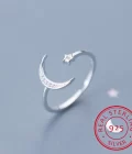 925 Sterling Silver Moon & Star Adjustable Ring – Rhinestone Wedding Jewelry for Women & Girls